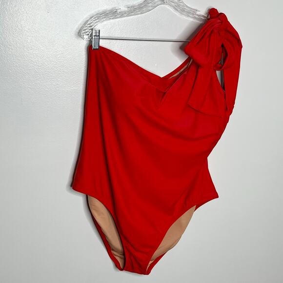 J. Crew Womens One Shoulder Bow Swimsuit Size 20 Red One Piece Padded Preppy - Picture 4 of 14